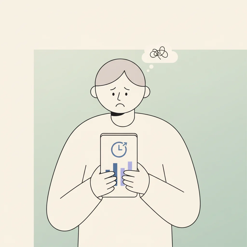 핸드폰을 들고 화면 시간 통계 그래프를 확인하는 사람, 걱정스러운 표정으로 데이터를 보고 있는 모습