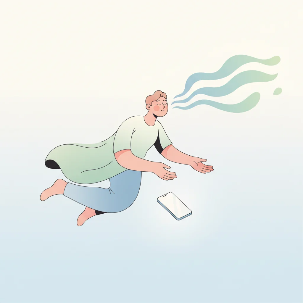 핸드폰을 내려놓고 자유롭게 숨을 쉬는 사람, 편안한 표정과 가벼운 느낌