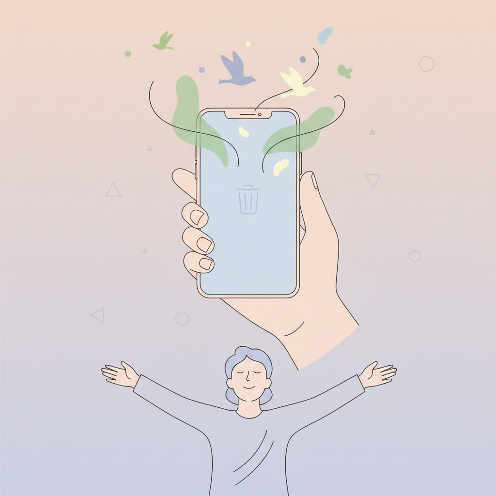 리마인더 앱을 삭제하고 홀가분한 표정으로 자유로운 느낌, 깨끗해진 스마트폰 화면