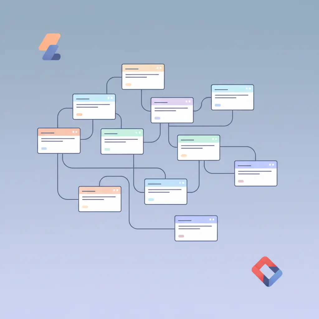 수많은 자동화 워크플로우 카드들이 연결된 복잡한 시스템 대시보드, Zapier와 IFTTT 로고
