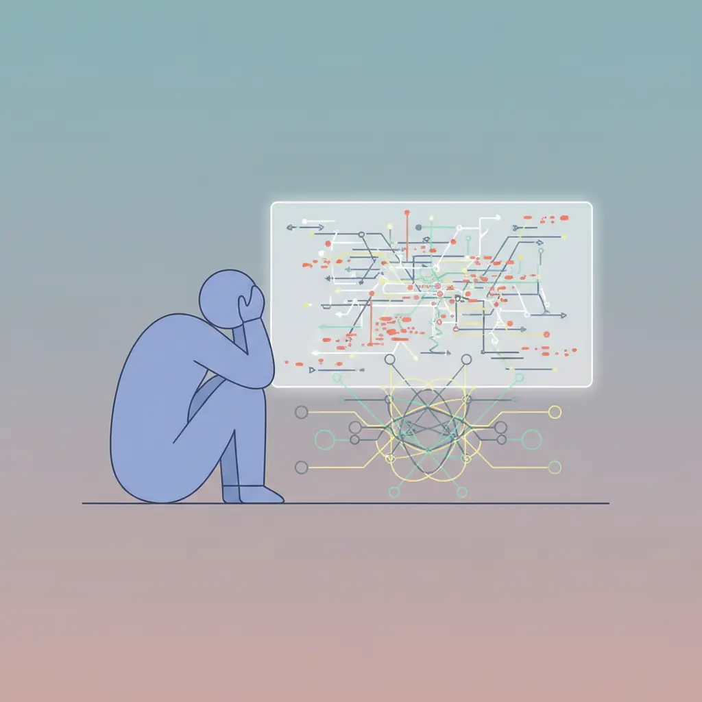 에러 메시지와 로그가 가득한 화면을 보며 좌절하는 모습, 복잡한 워크플로우 체인 다이어그램