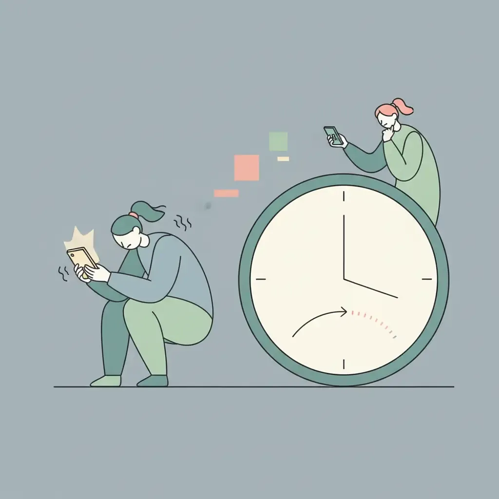 스마트폰을 보고 싶어 안절부절하는 모습, 시계를 보며 사용 시간을 계산하는 사람