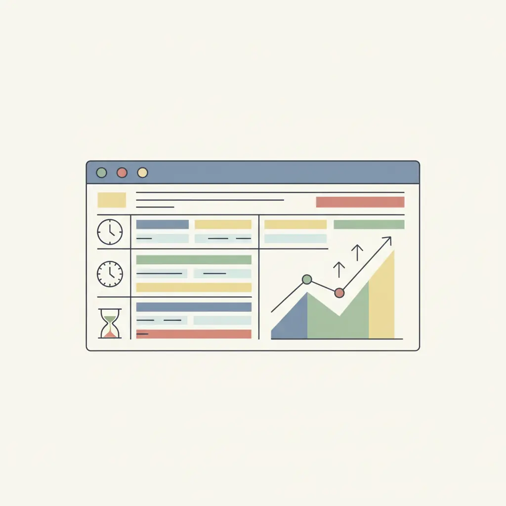 복잡한 계산식과 타이머가 가득한 스프레드시트, 최적화 수치를 분석하는 그래프