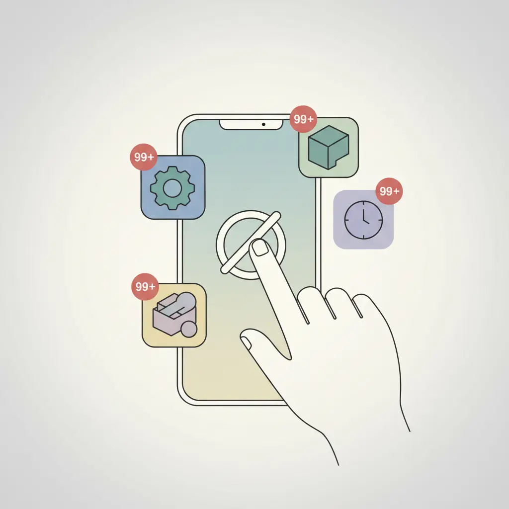 알림 배지가 99+로 표시된 여러 앱들, 무음 처리 버튼을 누르는 손