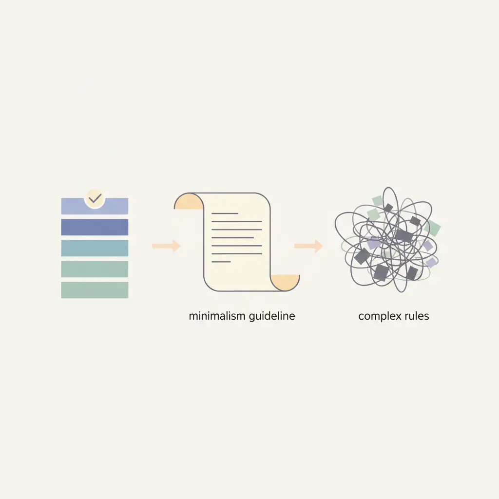 정리 체크리스트, 미니멀리즘 가이드라인 문서, 복잡한 규칙들