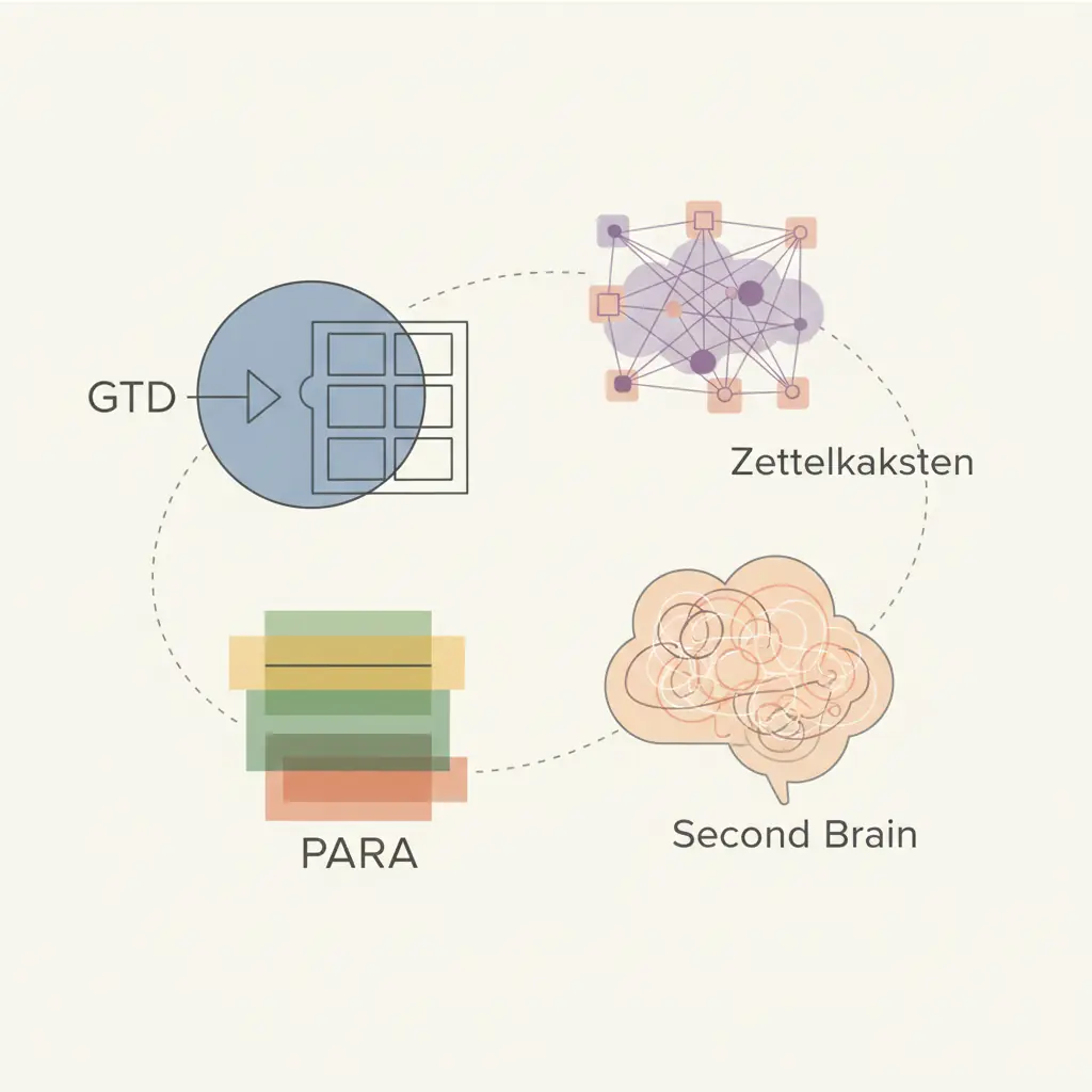 여러 생산성 시스템의 다이어그램 - GTD, PARA, Zettelkasten, Second Brain