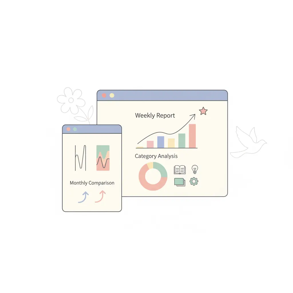 여러 앱의 통계 화면 - 주간 리포트, 월간 비교, 카테고리 분석