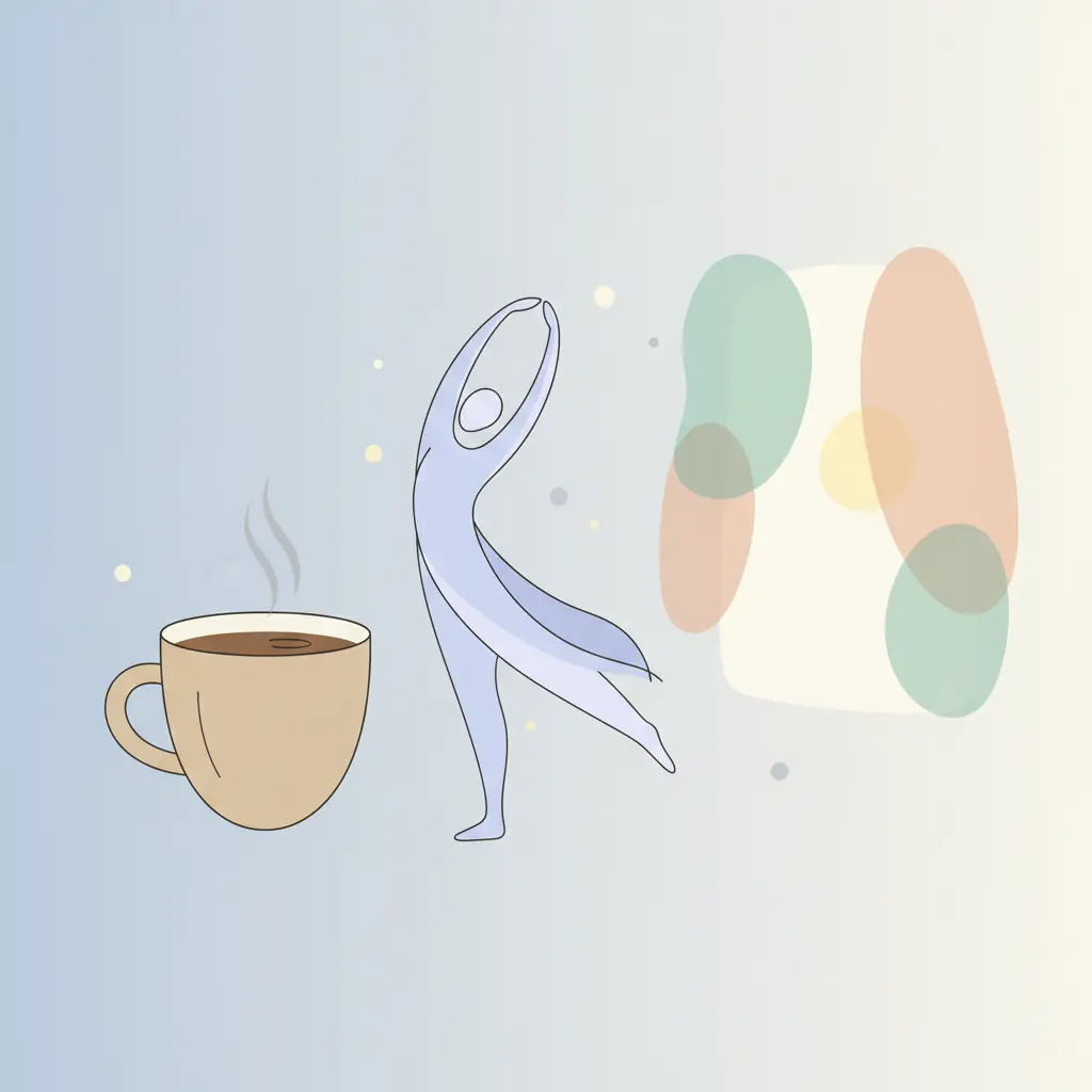 간단한 아침 - 커피, 스트레칭, 여유로운 모습