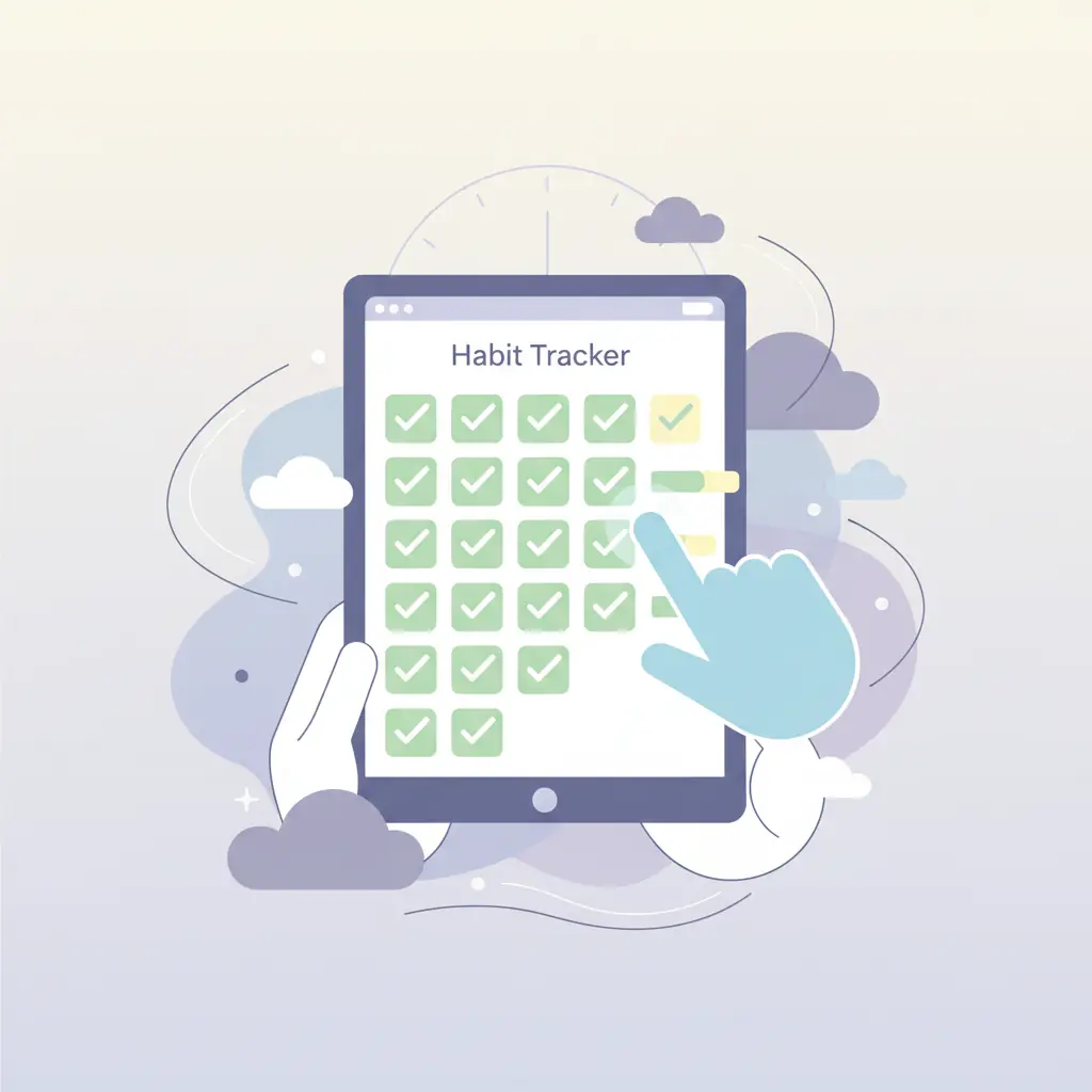 습관 트래커 화면을 열심히 채우는 모습, 실제 행동과 무관하게