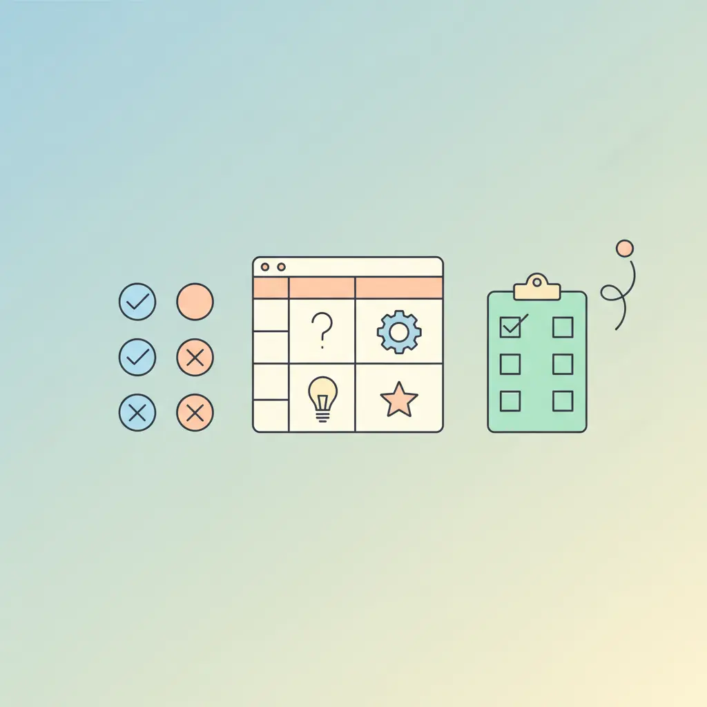 복잡한 비교 스프레드시트, 장단점 목록, 평가 체크리스트