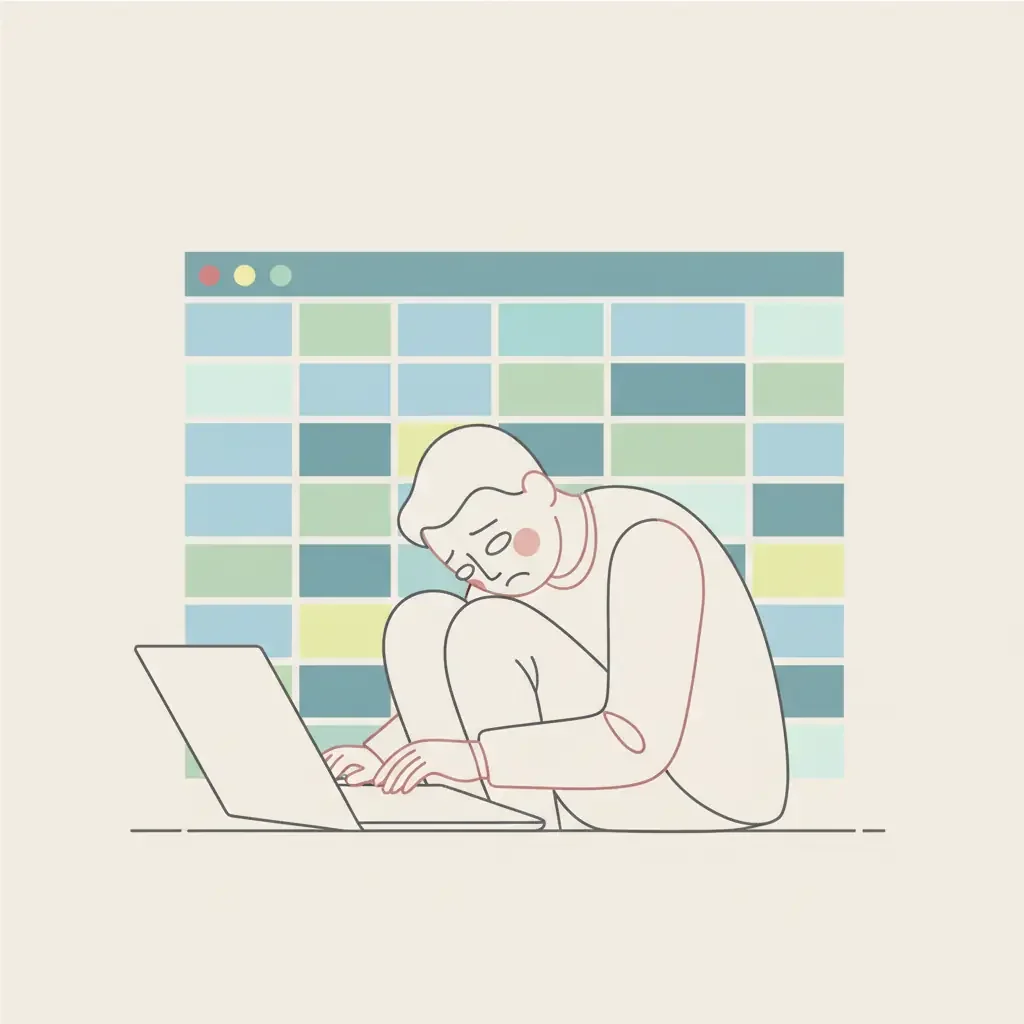 스프레드시트를 보며 지친 표정을 짓는 모습