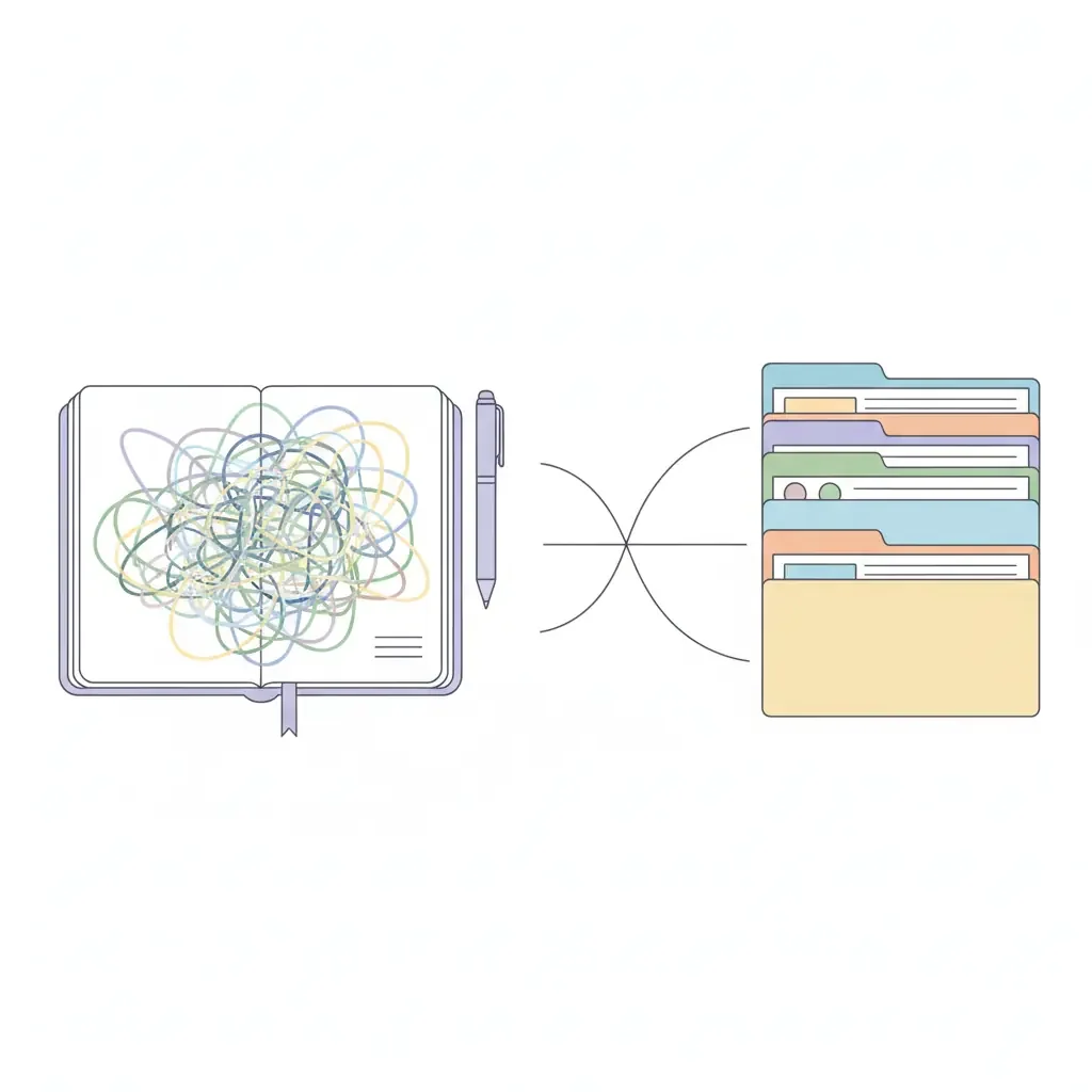 복잡한 파일명 규칙을 적은 노트, 폴더 안의 정리된 파일들