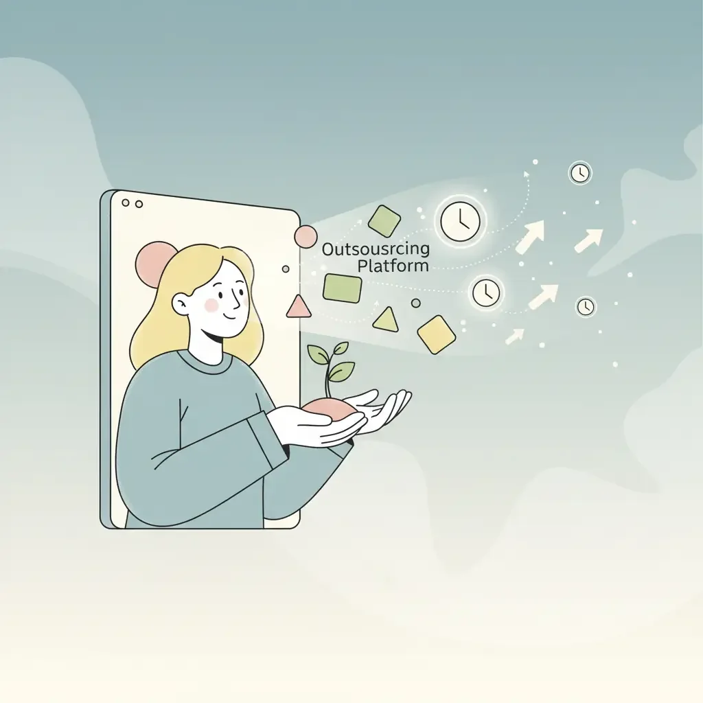 일을 맡기면 시간이 생긴다는 희망에 찬 표정으로 아웃소싱 플랫폼을 보는 사람