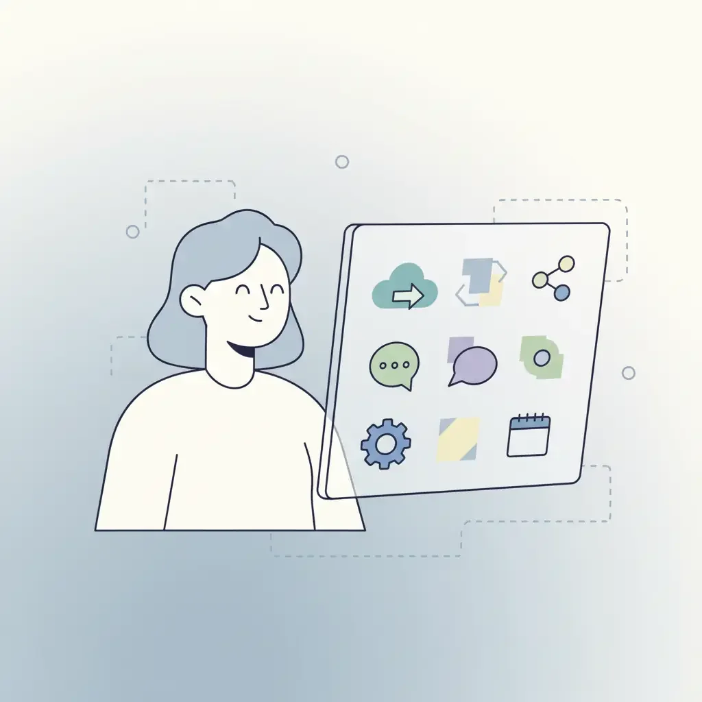 협업 도구 로고들이 가득한 화면을 바라보며 희망에 찬 표정