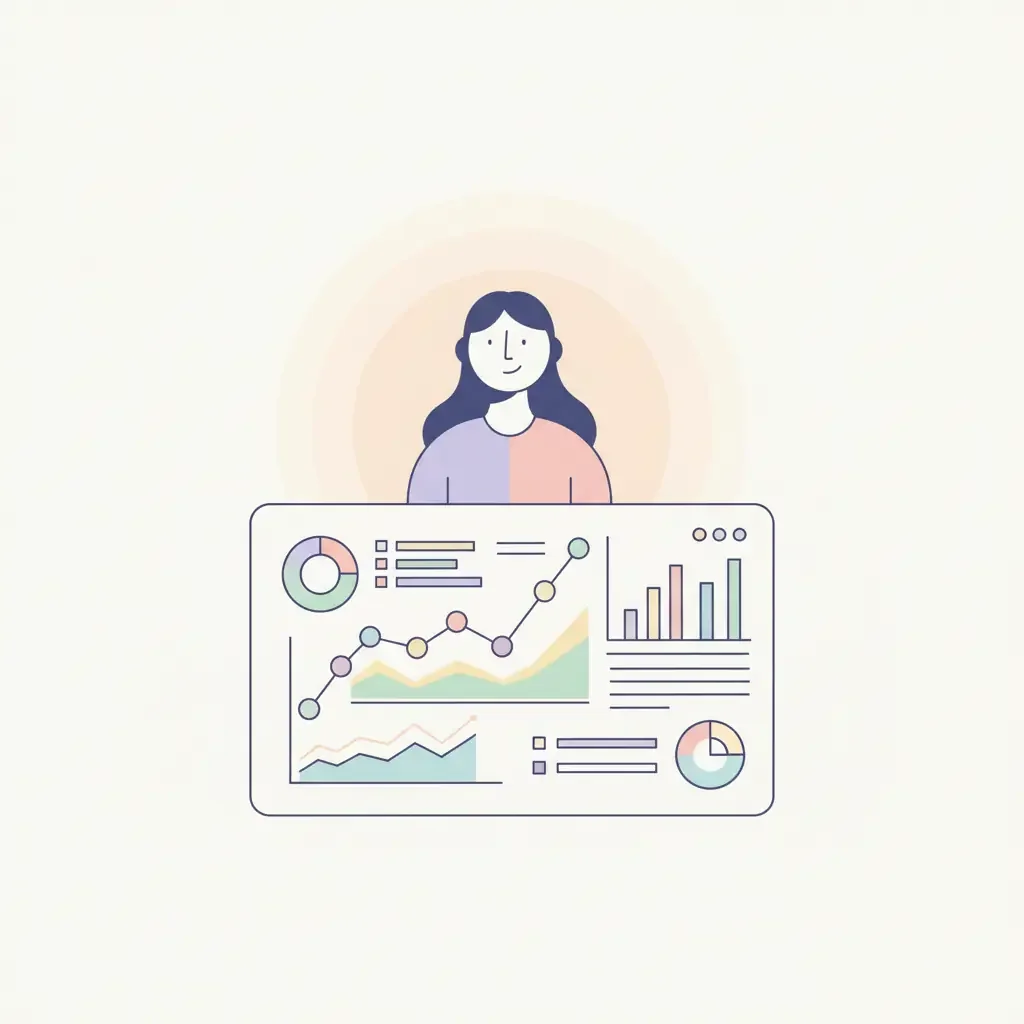 다양한 그래프와 차트가 가득한 대시보드를 바라보는 사람