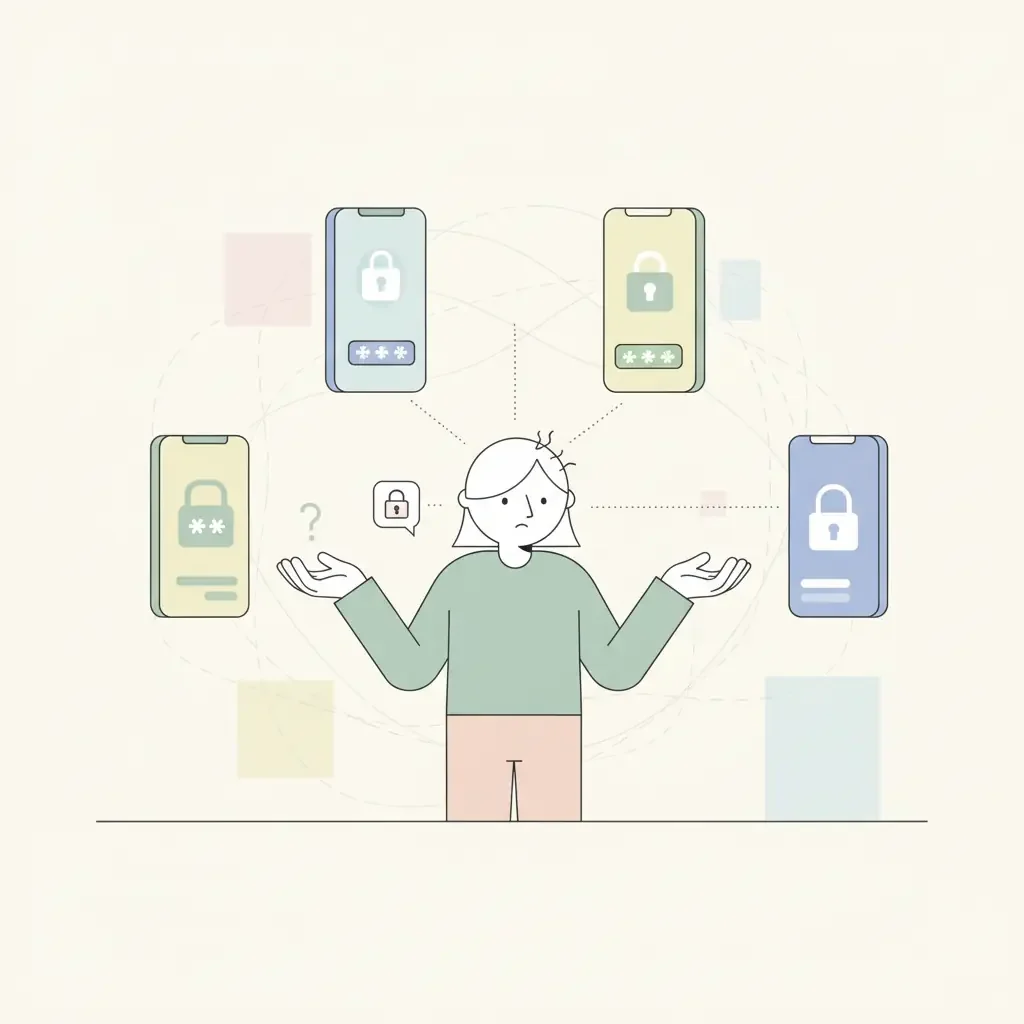 네 개의 비밀번호 관리자 앱을 번갈아 열어보며 당황하는 모습