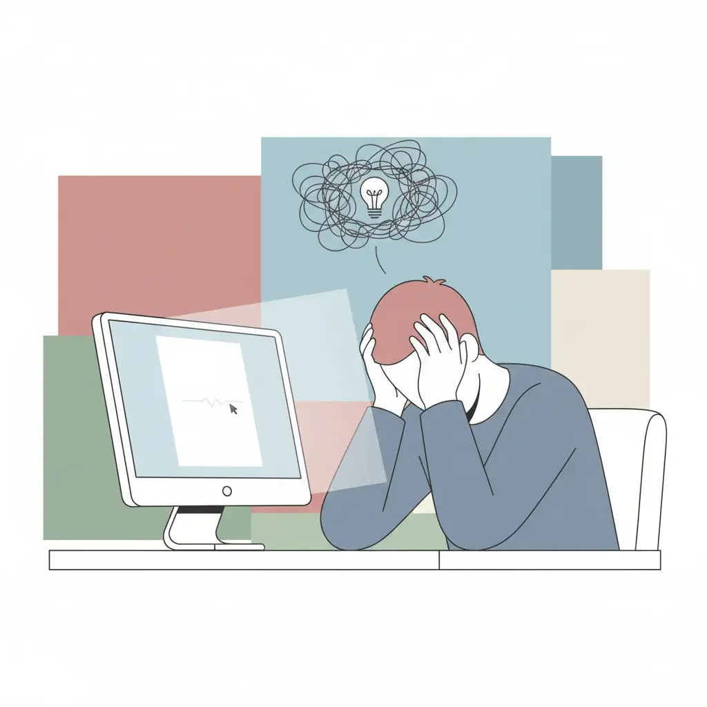 요청서를 쓰면서 머리를 쥐어짜는 모습, 모니터에는 빈 문서가 보인다