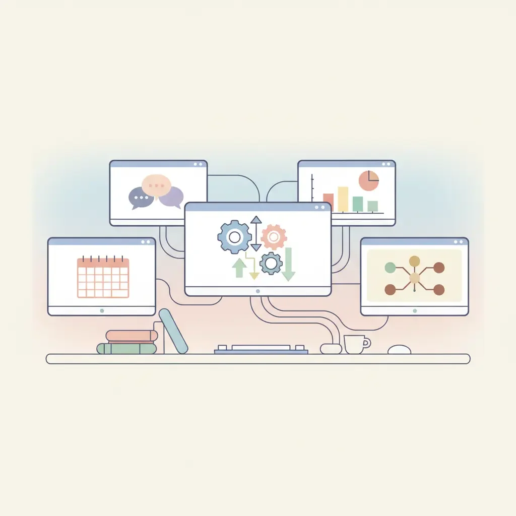 5개의 모니터에 각각 다른 협업 도구가 띄워진 혼란스러운 데스크