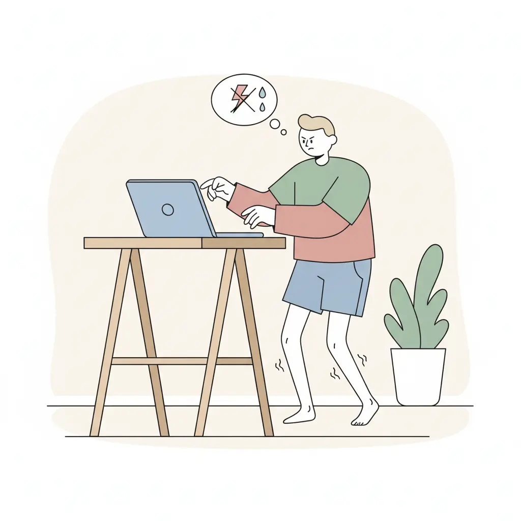 스탠딩 데스크에서 의욕적으로 서서 일하는 모습, 하지만 다리가 아파오는 표정