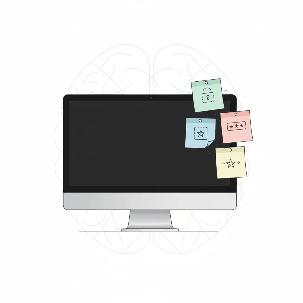 모니터 옆에 포스트잇으로 마스터 비밀번호 네 개를 붙여둔 아이러니한 모습