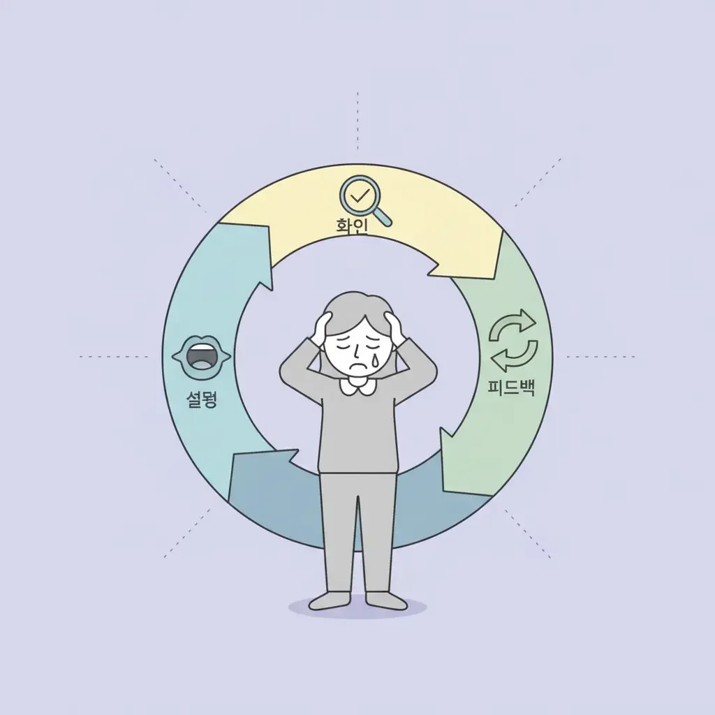 설명, 확인, 피드백의 무한 루프를 표현한 순환 다이어그램 앞에서 지친 표정