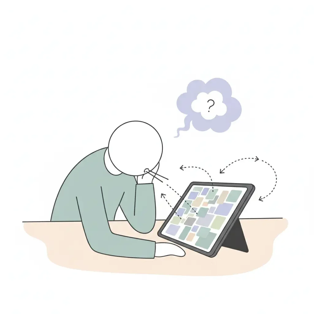 사진 정리 앱을 보며 한숨 쉬는 모습